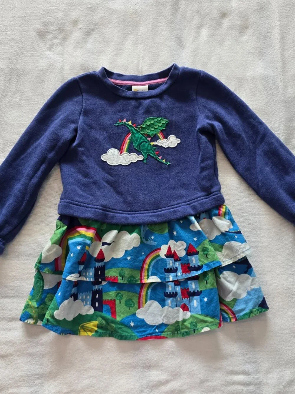2-3Y Mini Boden Girls Dragon Applique Sweatshirt Dress & Tights Set